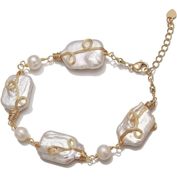 Red Lychee Baroque Pearl Bracelet for Women Gold Filled Stretch Gift for Mom - Picture 1 of 9